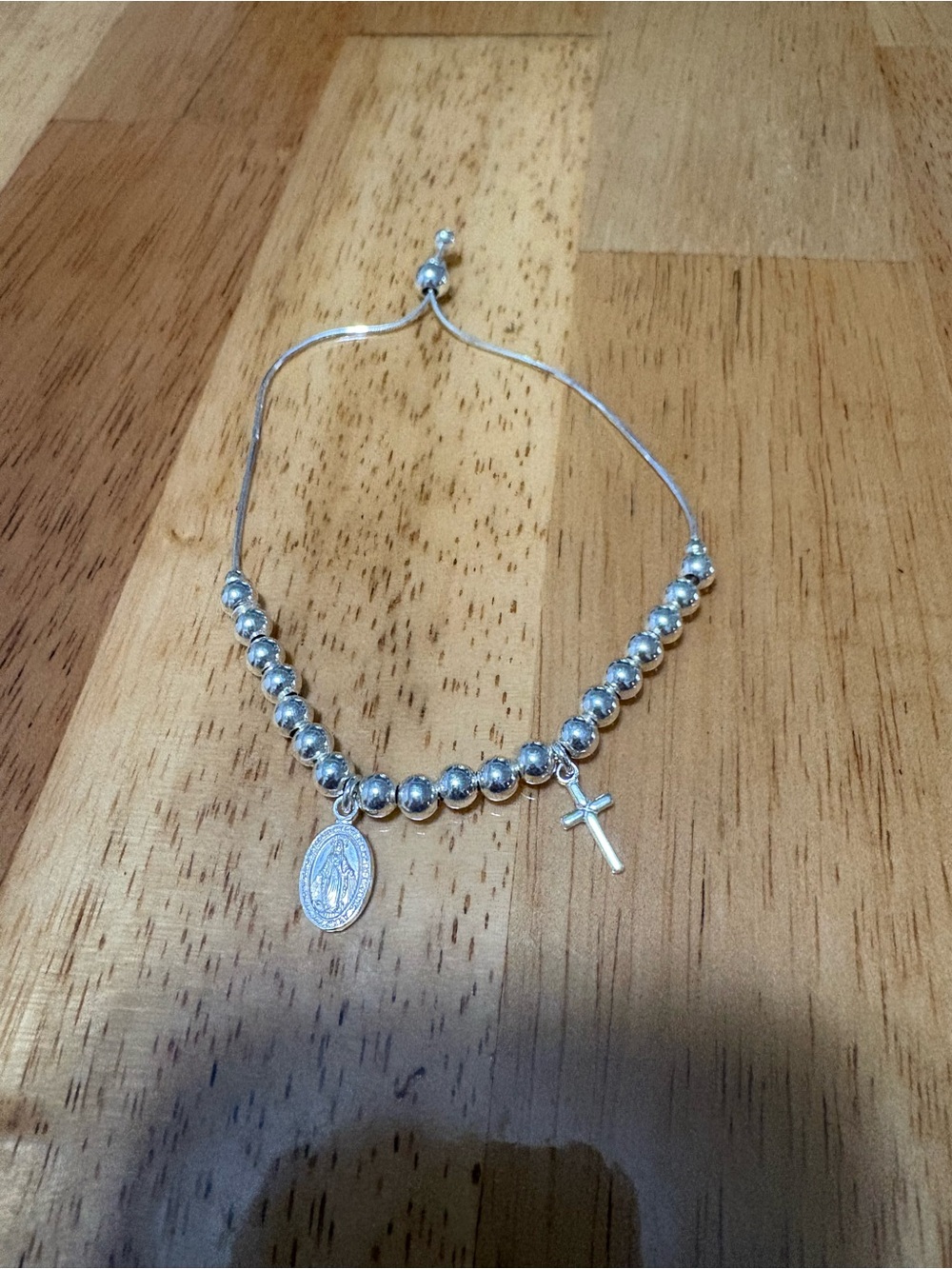 Silver Beaded Rosary Charm Bracelet with Cross